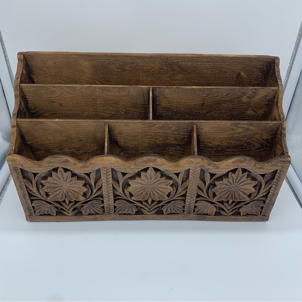 Vintage Lerner Carved Faux Wood Letter Holder Mail Organizer Storage